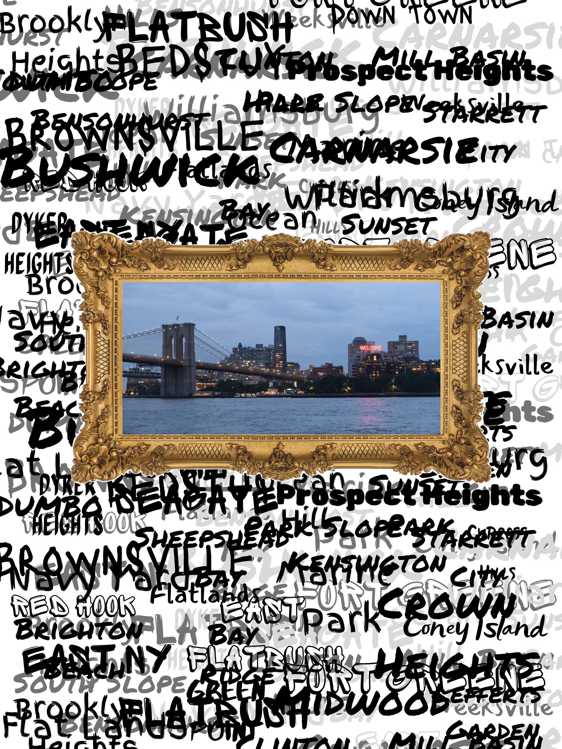 photo of brooklyn across the river from manhattan with neighborhood names in background